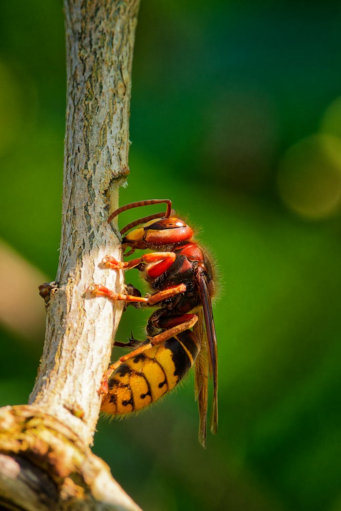 our-story Detailed image of a European hornet clinging to a branch in a natural outdoor setting.